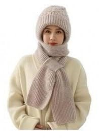 SHINY KEY 2-in-1 Winter Cap & Scarf Set - Warm Knitted Beanie Hat with Neck Warmer & Ear Protection - Thick Fleece Lined Windproof Cap for Men & Women (Heavy Quality)