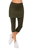Ekouaer Swimming Leggings with Skirt Women Solid Skort Capri Leggings Gym Skort Army Green