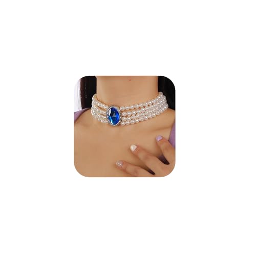 Boho Women Multilayer 1920s Necklace Blue Chunky Dainty Pearls Layered Choker Necklaces Handmade Beads Fashion Chunky Pendant Multilayer Adjustable Layering Chain Necklaces Set for Women (Blue)