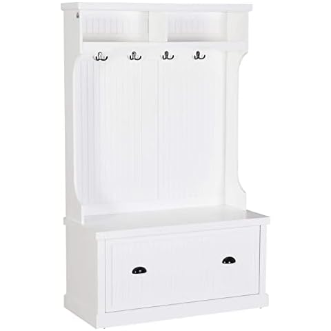 HOMCOM Garderobenständer Garderobe mit Sitzbank Kleiderständer mit 4 Haken Schuhregal 2 Regale Flurregal Spanplatte Weiß 102 x 47 x 164 cm Cover