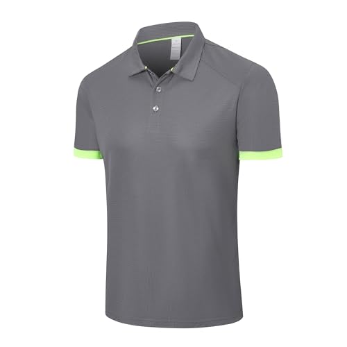 Gaiatiger Mens Polo Shirts Short Sleeve Breathable Golf Polo Collar Buttoned Mens Tops Gym Sport T Shirts (P8000-1-Grey-XL)