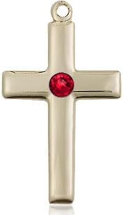 14kt Gold Filled Cross Pendant with a 3mm Faux Ruby Red Austrian Crystal stone on a 18 inch Gold Filled Light Curb Chain.