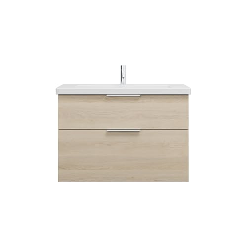 burgbad Eqio Keramik-Waschtisch inklusive Waschtischunterschrank, Breite 930mm, SEYQ093F3180C0001G0146, Farbe: Eiche Dekor Cashmere/Eiche Dekor Cashmere, Griff Chrom G0146