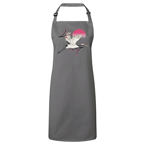 Tablier cuisine gris grue du Japon en coton premium style sakura élégant