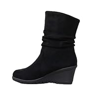 Women's Suede Slope Heel Mid Calf BootsWomen's Slope Back Heel Chunky Heel Mid Calf Boots Elephant Rain Boots (Black, 5)