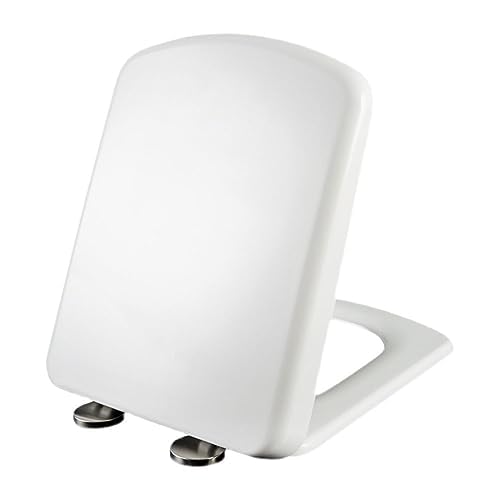 Asiento de inodoro cuadrado blanco de cierre suave, material UF resistente de liberación rápida con bisagras ajustables de 360°, diseño de fijación superior para una fácil instalación y durabilidad