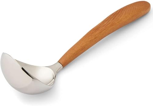 Nambé Curvo Ladle, 12.5” x 3”, Soup & Stew Server with Acacia Wood Handle, High-Quality Stainless Steel Serving Utensil for Broths, Stews & Entertaining, Modern Kitchen Tool