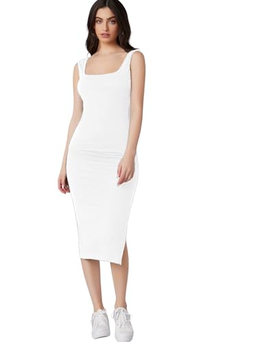 Image of Aahwan Royal Solid Bodycon Square Neck Midi Side Split Thigh Dress for Women's & Girl's