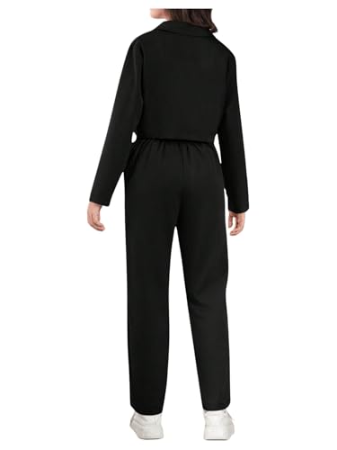 Image of Milumia Girl's 2 Piece Outfits Lapel Collar Button Open Front Long Sleeve Blazer and Pants Set Black 14 Years