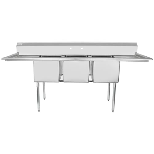 Image of Empura 88 inch Wide Stainless Steel Three Compartment Commercial Sink | Prep Utility 16 x 20 Bowl for Catering Laundry Garage | (2) 18 inch Drainboard, 9.75 inch Backsplash, 88 inchW x 25.5 inchD x 44.25 inchH, 18 Gauge, NSF