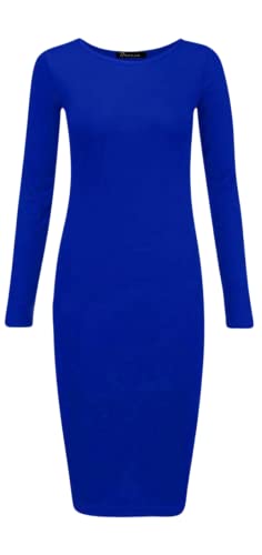 Image of Crazy Fashion Womens Plain and Printed Long Sleeve Round Neck Stretch Jersey Bodycon Ladies Dress Midi All Season Solid Color Casual Dresses for Women Turquiose 8-10 Royal Blue