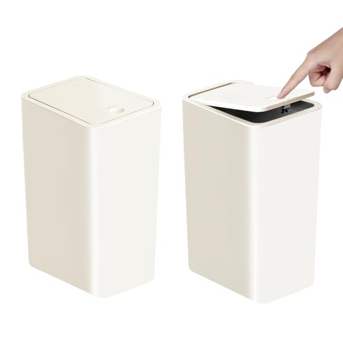 Image of TIPGO Bathroom Trash Can with Lid, 10 Liter / 2.6 Gallon Slim Garbage Can, Small Trash Bin Waste Basket with Pop-Up Lid for Kitchen, Bedroom, Living Room, Office (2 Pack, White)