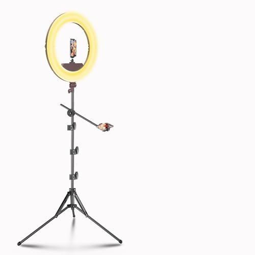 Image of 55W18 45cm Ring Light Kit [New Version] 6700K Dimmable LEDRinglightTripod Stand Dual Phone Holder for iPhone Selfie Makeup LashTattoo Studio Lighting Painting,Photo Video Recording (Brown)