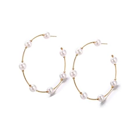 Andelaisi Boho Open Large Circle Earrings Round Beaded Pearl Hoop Earrings Gold Pearl Huggies Hoop Earrings Retro Pearl Dangling Earrings Jewelry for Women and Girls (Smaller) Cover