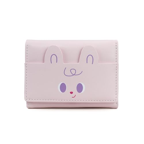 Cute Wallet for Women, Small Wallet with Cute Cartoon Pattern, Trifold PU Leather Ladies Wallet Slim Card Holder with 7 Slots 1 ID Window 1 Cash Pocket (Pink)