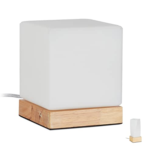 Relaxdays Tischlampe Würfel, Wohn- & Schlafzimmer, Holz & Milchglas, E14 Nachttischlampe, 15 x 12 x 12 cm, weiß/natur
