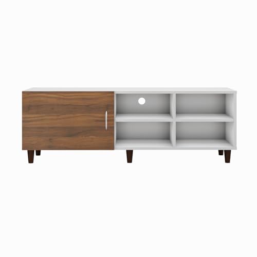 Image of VIKI Modern TV Unit for Living Room | Engineered Wood TV Cabinet with 1 Door Storage & 2 Open Shelves, Entertainment Unit, 140W x 48H x 40D cm | DIY | 1 Year Warranty (White & Walnut)