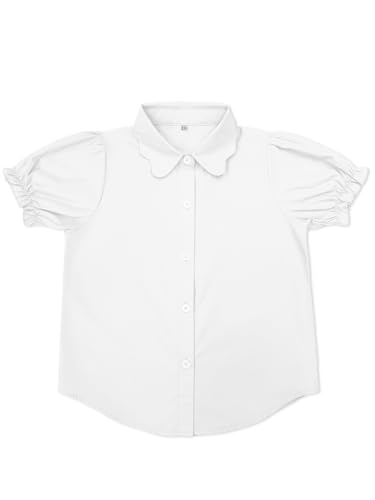 Image of Girls Button Down Shirt Puff Sleeves Blouse Summer Cute Top Doll Collar School Uniform, 4-13Y