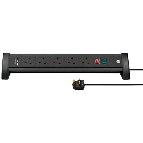 Brennenstuhl Premium-Office-Line FB, 5-way extension lead for desk with 2 USB charging ports (switch and 3m cable, with Safety Fuse Button, Made in Germany) black