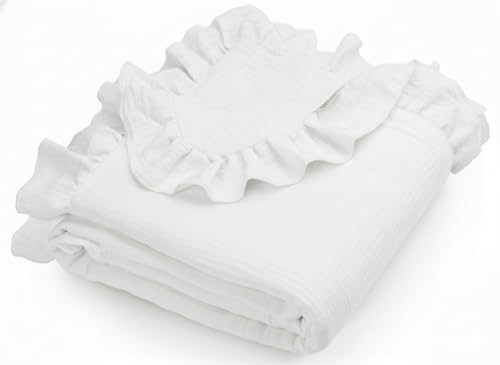 Muslin Ruffled Baby Blanket Extra Large 52 x 52 Inches Soft Breathable Cotton Crib Blanket for Newborn Infant Toddler (White-Ruffled Printed)
