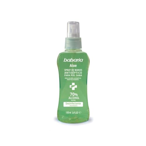 Babaria - Spray de Manos Antiséptico Aloe, Desinfectante, con Aloe y Jojoba, Protege, Cuida e Hidrata la Piel, con Perfume Floral, 70% de Alcohol, Sin Aclarar - 100 ml