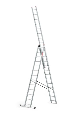 BAULICH - Escalera Multifuncional de Aluminio 3 en 1-13 peldaños - Tres segmentos Profesionales - de Apoyo, Extensible, Autoportante - para Trabajos Domésticos - con Estabilizador - Color Plateado