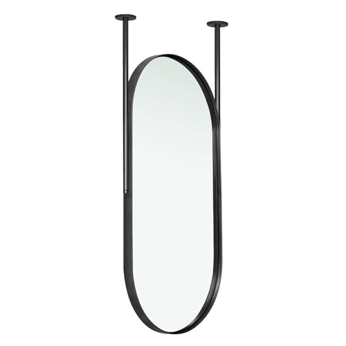 Miroir de salle de bain ovale noir suspendu au plafond pour optimiser les petits espaces