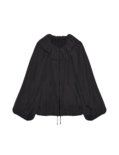 Watashi Women Puffed Bomber Jacket Loose Fit Casual Batwing Sleeve Ruffle Collar Versions Zip Front Pleated Shirts Streetwear