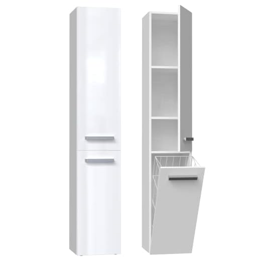 Meuble de Salle de Bain 3xEliving Bagnoli Slim VI Blanc Mat/Blanc Brillant - Meuble sur Pied, Colonne de Salle de Bain, étagère, D: 30 cm, H: 174 cm, L: 30 cm