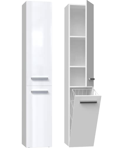 Meuble de Salle de Bain 3xEliving Bagnoli Slim VI Blanc Mat/Blanc Brillant - Meuble sur Pied, Colonne de Salle de Bain, étagère, D: 30 cm, H: 174 cm, L: 30 cm