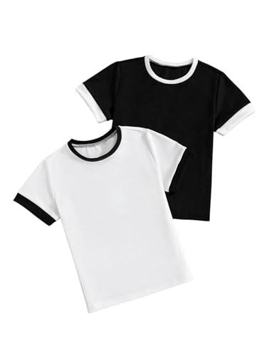 OYOANGLE Girl's 2 Pack Short Sleeve T Shirts Contrast Binding Round Neck Summer Casual Tee Tops