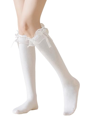 DONBIQI Knee High Socks Long Womens Girls Bow Ruffled Knee Cotton Stockings Dress Socks (US Numeric 5 9 Regular 1 Pair-White-Ruffle Bow)