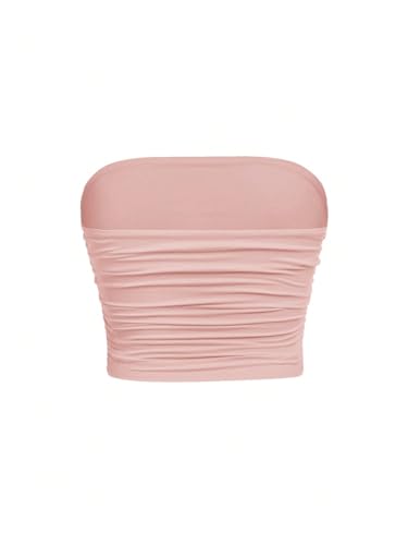 Image of Floerns Girl's Basic Sleeveless Bandeau Kids Strapless Ruched Tube Tops Pink 10Y