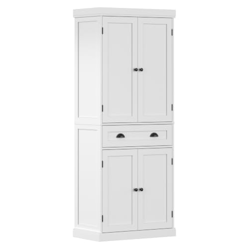Image of 4 Doors & 1 Drawers Storage Cabinet, Wooden Tall Kitchen Cupboard Collection Food Pantry Cabinet Freestanding Sideboard Organizer Unit for Living Room, Bedroom, Kitchen and Hallway