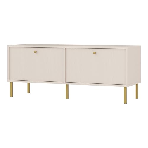 Selsey Oktio TV Lowboard, 50x120,6x40,8 cm, Sandbeige Mattes Finish, Stabile Goldene Metallfüße 15 cm, Laminierte Spanplatte, 2 Türen, Elegantes Design TV Schrank Fernsehschrank