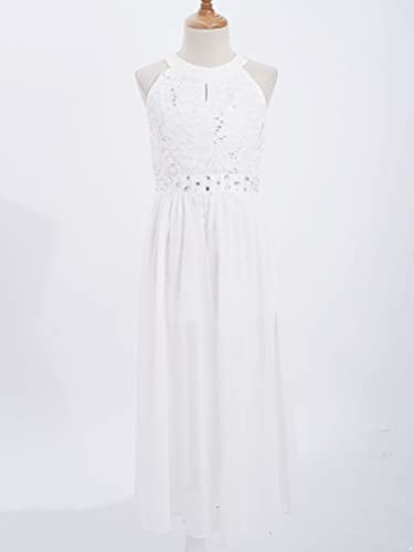 ranrann Kids Girls Sleeveless Floral Lace Shiny Rhinestone Maxi Dress Birthday Party Formal Dance Romper Gown White 5-6
