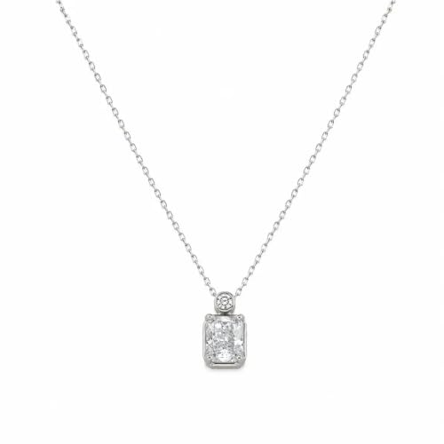 Image of Impression White 925 Sterling Silver Rhodium Necklace for Women | Emerald-Cut Clear AAA Cubic Zirconia Pendant with Round CZ Accent Chain | Anniversary Birthday Jewelry Gift for Girlfriend, Sister, Wife