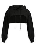 WDIRARA Women's Plus Size Drawstring Cropped Hoodie Long Sleeve Hooded Sweatshirts Streetwear Black XX-Large Plus