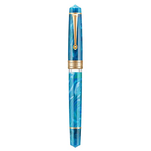 Asvine P20 Piston Fountain Pen, Blue Resin, Iridium, Medium Tip, Gold Edge, Smooth Author Collection with Case Set
