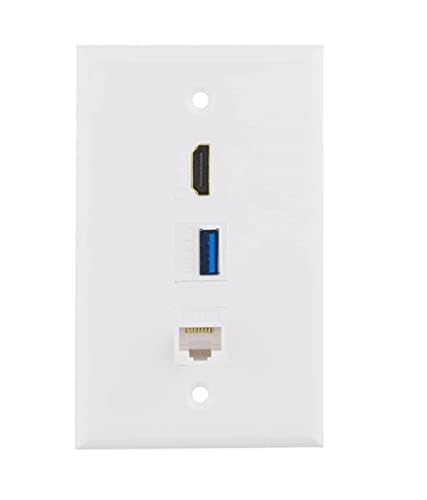 Halokny Wall Plate - 3Port HDMI USB Cat6 RJ45 Outlet with Keystone Jacks, White