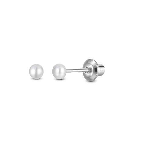 Pearl Screw Back Stud Earrings for Baby, Toddler, Girls | Hypoallergenic 925 Sterling Silver Screwback Safety Earrings | Simulated Pearl Studs for Sensitive Ears | Keepsake Gift for Birthdays Holidays Special Occasions (White, 3mm- Small)