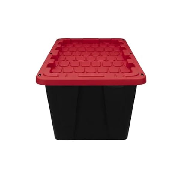 4 Pack, 27 Gallon Large Storage Bin, Plastic Storage Container with Stackable Snap-On Lid, Black and Red