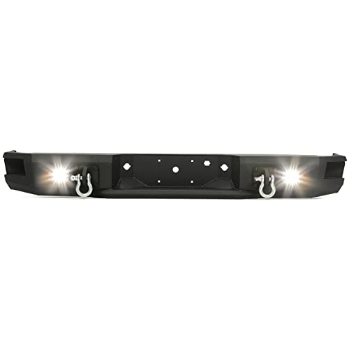 ALMULOO Rear Bumper Compatible with 2009-2014 Ford F150 without Sensor Holes with LED Lights D-Rings Steel Powder Coated Black