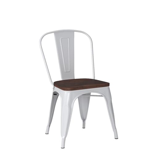 Image of COSTWAY Stackable Metal Dining Chairs Set of 4 with Wood Seat and High Back | White, Industrial Vintage Style, Elm Wood Seat Board, 18 Inch, for Dining Room, Kitchen, Bar, Cafe, Bistro, Restaurant
