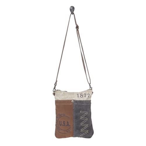 Myra Bag Fanatical Vintage Purse - Canvas and Leather Crossbody Bags for Women, Small Brown, Gray, and Ivory Patchwork Vintage Purses for Women with Star Button Embellishment, Over The Shoulder Purse4