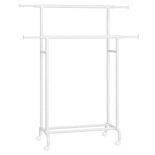 SONGMICS Kleiderständer auf Rollen, doppelte Stangen, ausziehbare Kleiderstangen, Garderobenständer aus Stahlrohren, bis 80 kg belastbar, 83-120 cm breit, wolkenweiß HSR133W01