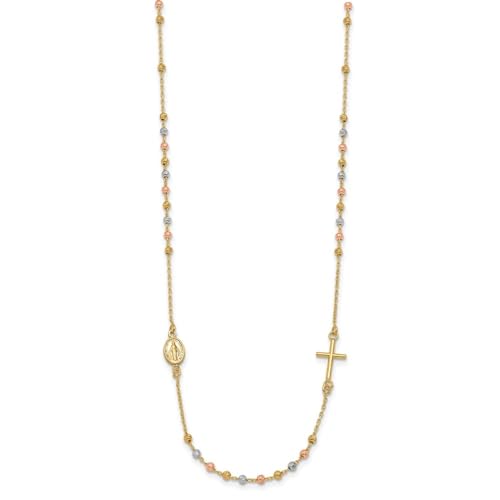 14K Tri-Color Gold Sideways Cross Beaded Rosary Style 18 inch Necklace2