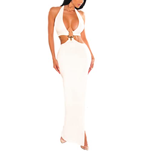 LuFeng Women's Sexy Sleeveless Halter V Neck Side Waist Cutout Backless Bodycon High Slit Maxi Long Dress2