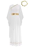 Sinleey Women Chiffon Ancient Toga Costume Grecian Toga Dress Roman Dress with Gold Leaves Garland Headwear White Medium