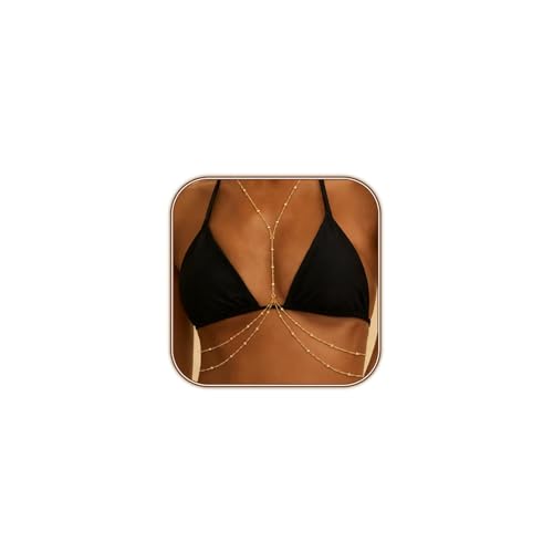 Rusokufo 14K Goldbeschichtete Mehrlagige Kreuz-Bauchkette für Damen Bikini-BH-Schmuck mit Strasssteinen und Kristallperlen